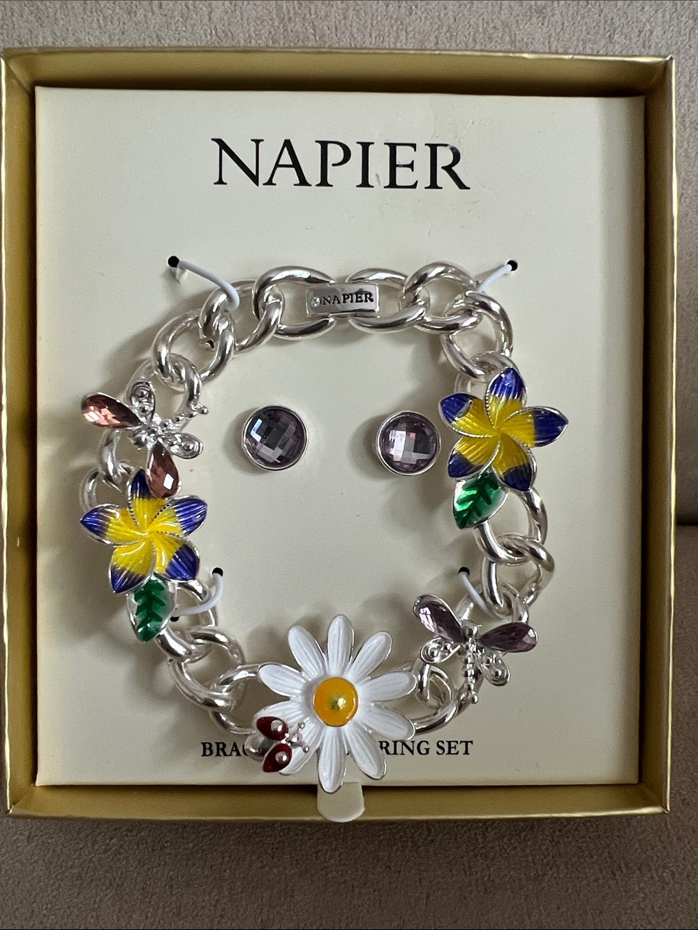 NWT Napier Silver-Tone Floral Charm Bracelet with Multicolor Enamel Flowers